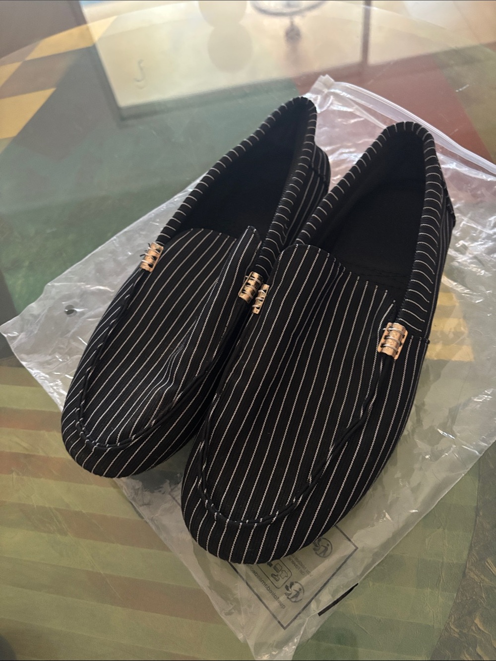 Men's Black Pinstripe Slip-On Loafers with Gold Accent